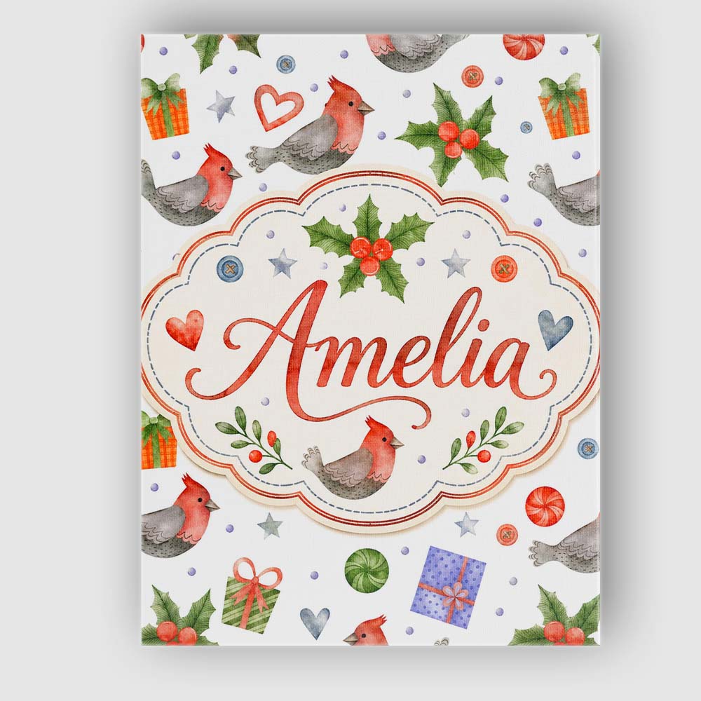 Personalised Name Cute Cardinal Bird Holly Custom  Unique Gift Idea Elegant Feature Canvas Wall Art Print Decor Picture Ready to Hang