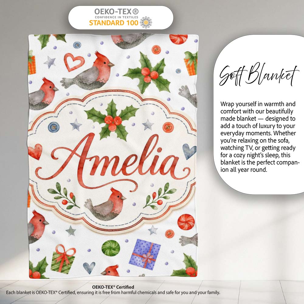 Cute Cardinal Bird Holly Gift Heart Festive Seamless Pattern Lovely  Personalised Custom Name Super Soft Fleece Blanket Bed Sofa Throw