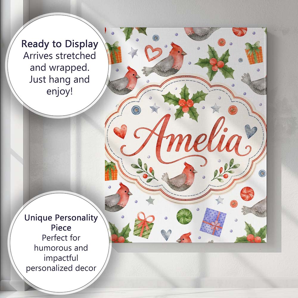 Personalised Name Cute Cardinal Bird Holly Custom  Unique Gift Idea Elegant Feature Canvas Wall Art Print Decor Picture Ready to Hang