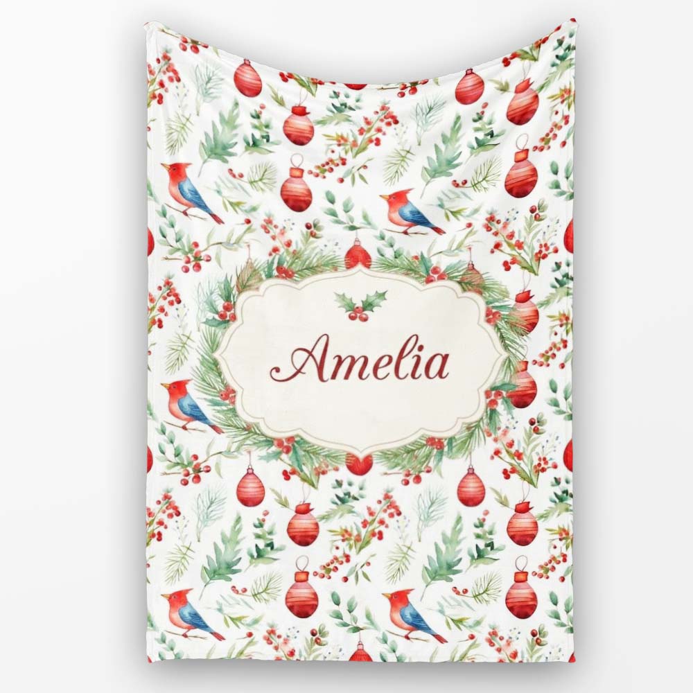 Watercolor Red Bird Ornament Berry Greenery Christmas Seamless  Personalised Custom Name Super Soft Fleece Blanket Bed Sofa Throw