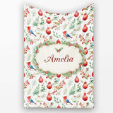 Watercolor Red Bird Ornament Berry Greenery Christmas Seamless  Personalised Custom Name Super Soft Fleece Blanket Bed Sofa Throw