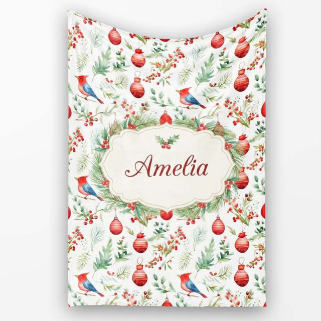 Watercolor Red Bird Ornament Berry Greenery Christmas Seamless  Personalised Custom Name Super Soft Fleece Blanket Bed Sofa Throw