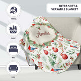 Watercolor Red Bird Ornament Berry Greenery Christmas Seamless  Personalised Custom Name Super Soft Fleece Blanket Bed Sofa Throw