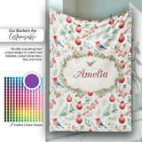 Watercolor Red Bird Ornament Berry Greenery Christmas Seamless  Personalised Custom Name Super Soft Fleece Blanket Bed Sofa Throw