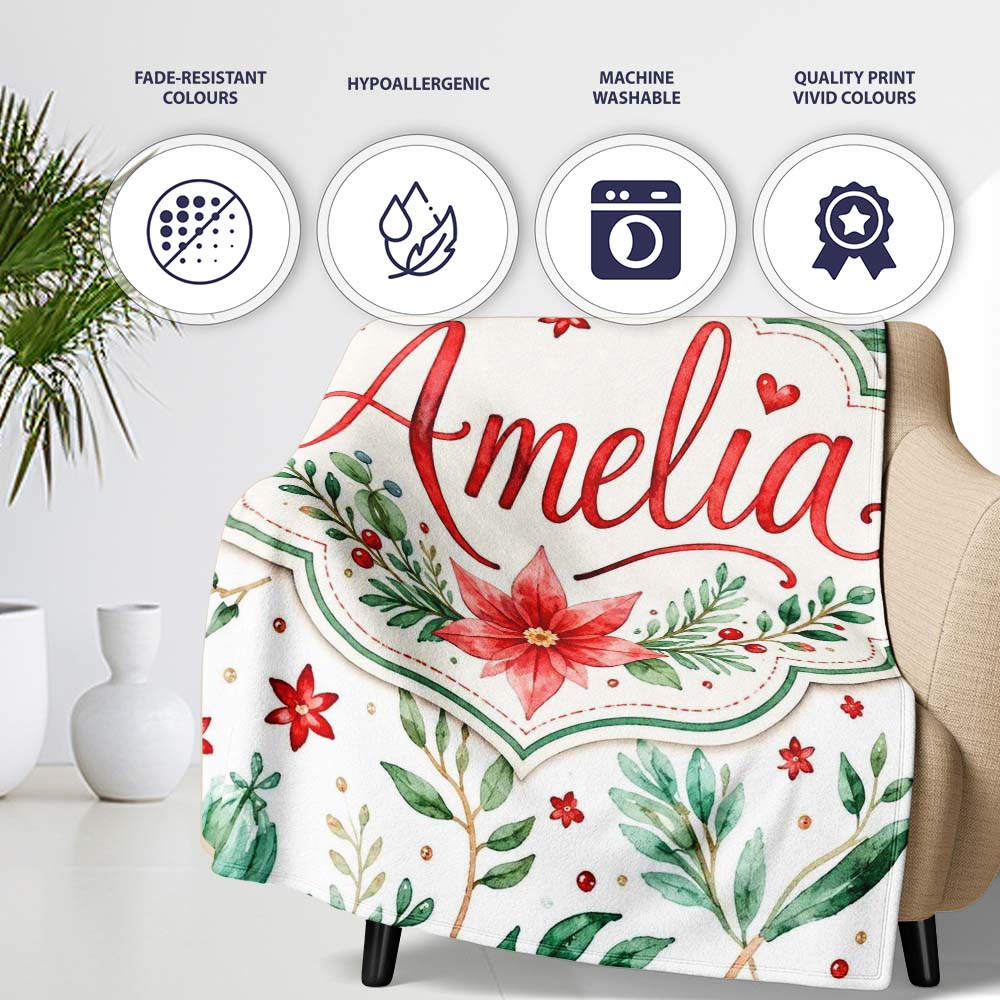 Elegant Poinsettia Floral Holiday Botanical Seamless Pattern Lovely  Personalised Custom Name Super Soft Fleece Blanket Bed Sofa Throw