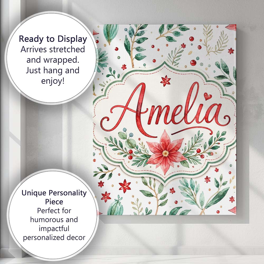 Personalised Name Elegant Poinsettia Floral Custom  Bespoke Interior Contemporary Canvas Wall Art Print Decor Picture Ready to Hang