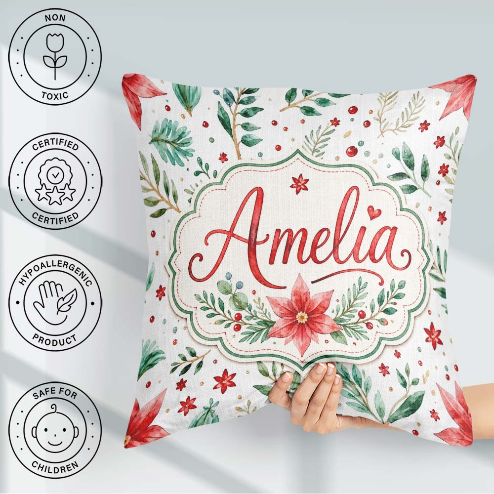 Custom Name Elegant Poinsettia Floral Holiday Botanical Seamless Square Filled Cushion Throw Pillow Sofa Bed Home Decor Zip Washable UK Made