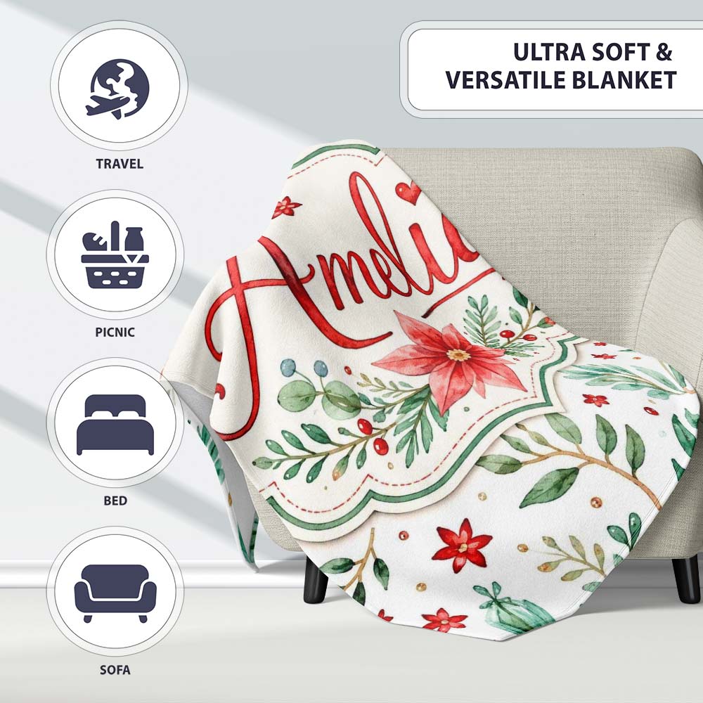 Elegant Poinsettia Floral Holiday Botanical Seamless Pattern Lovely  Personalised Custom Name Super Soft Fleece Blanket Bed Sofa Throw