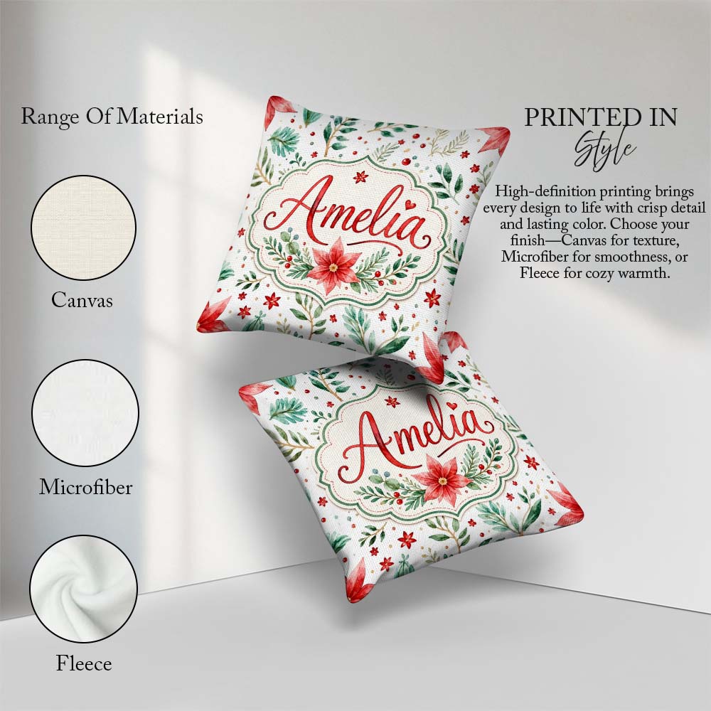 Custom Name Elegant Poinsettia Floral Holiday Botanical Seamless Square Filled Cushion Throw Pillow Sofa Bed Home Decor Zip Washable UK Made