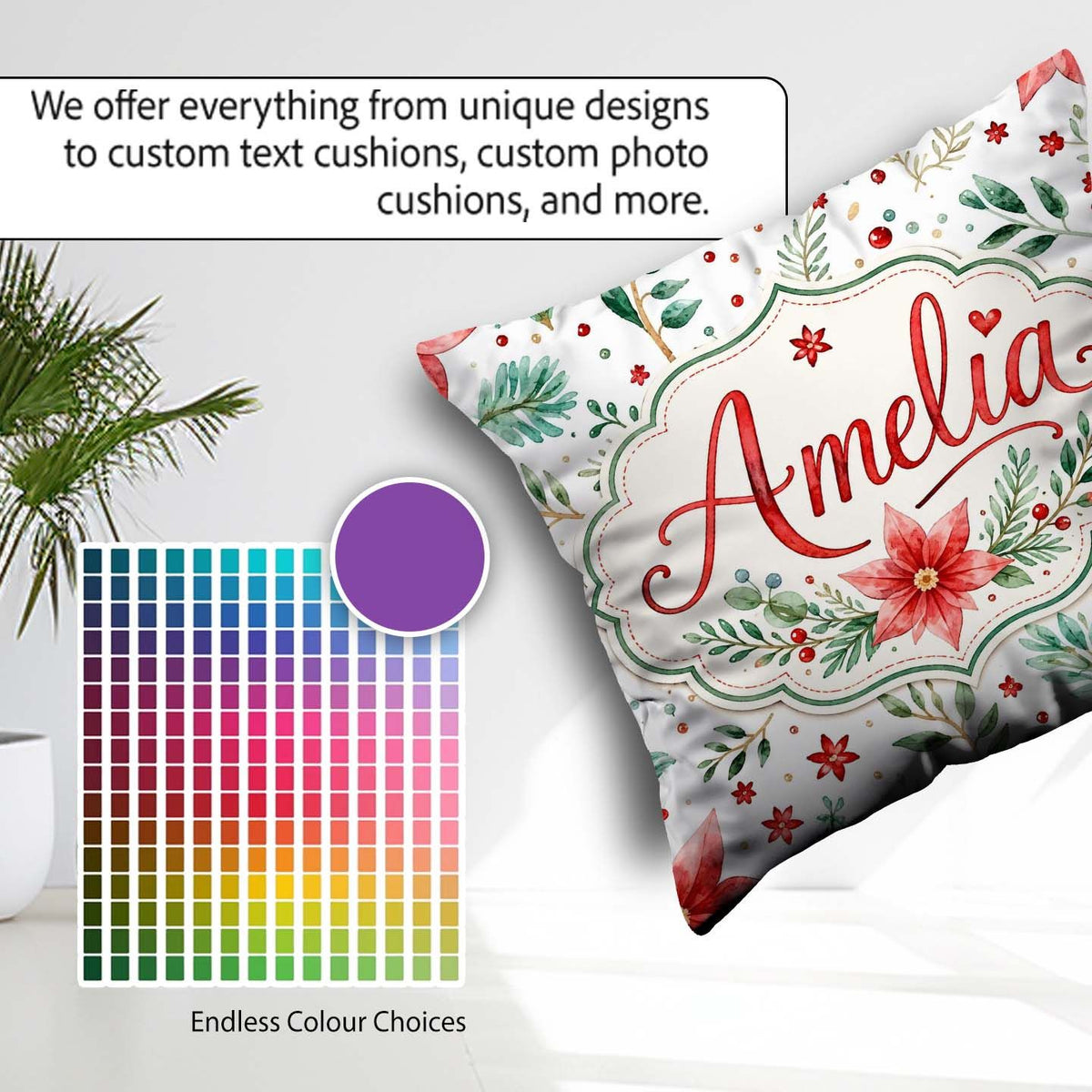 Custom Name Elegant Poinsettia Floral Holiday Botanical Seamless Square Filled Cushion Throw Pillow Sofa Bed Home Decor Zip Washable UK Made