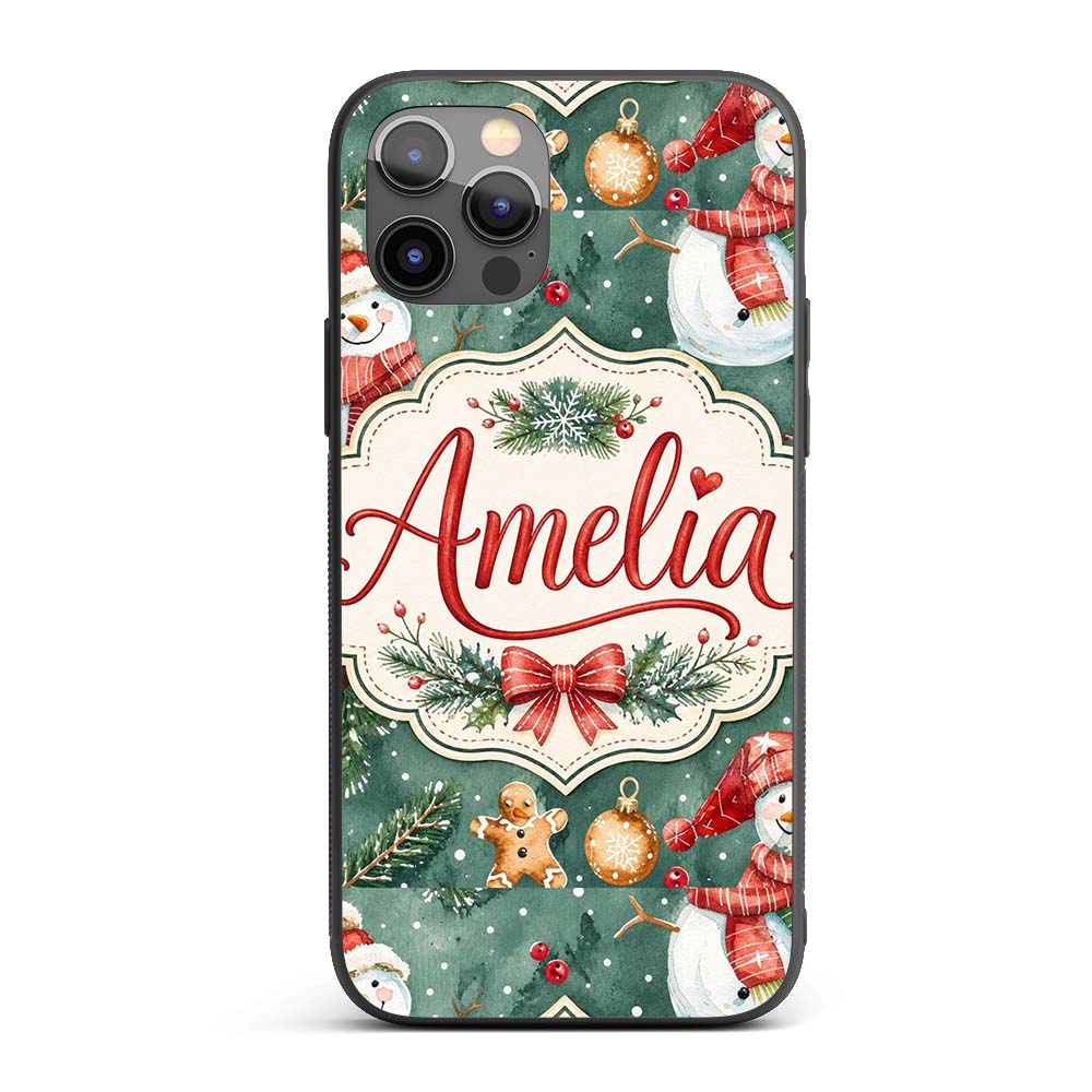 Winter Snowman Gingerbread Cookie Holiday Green Custom Name Protective Phone Case Mobile Cover Durable Everyday Smartphone Shock Resistant