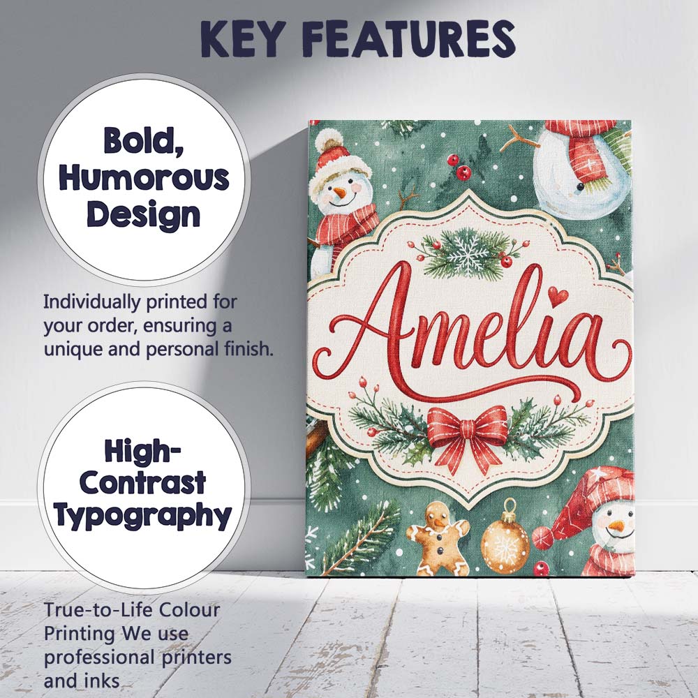 Personalised Name Winter Snowman Gingerbread Custom Bespoke  Contemporary Display Canvas Wall Art Print Decor Picture Ready to Hang