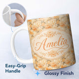 Personalized Custom Name Vintage Peach and Cream Peony Floral Seamless Pattern Lovely 11oz Ceramic Coffee Tea Mug White Large Handle