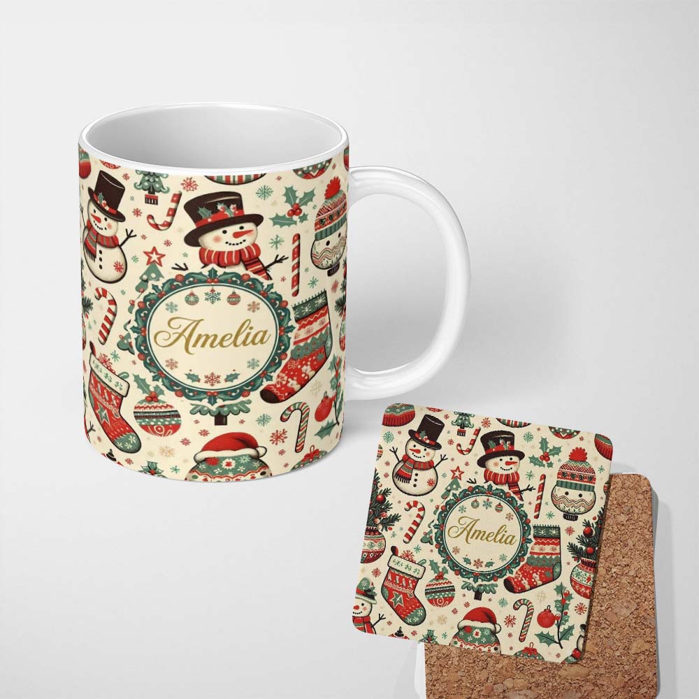 Personalized Custom Name Festive Christmas Tree Stocking Snowman Holiday Seamless Pattern 11oz Ceramic Coffee Tea Mug White Large Handle