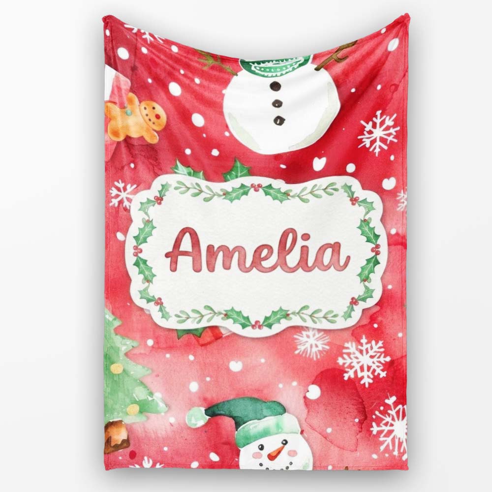 Watercolor Gingerbread Cookie Gift Holly Snowflake Christmas Lovely  Personalised Custom Name Super Soft Fleece Blanket Bed Sofa Throw
