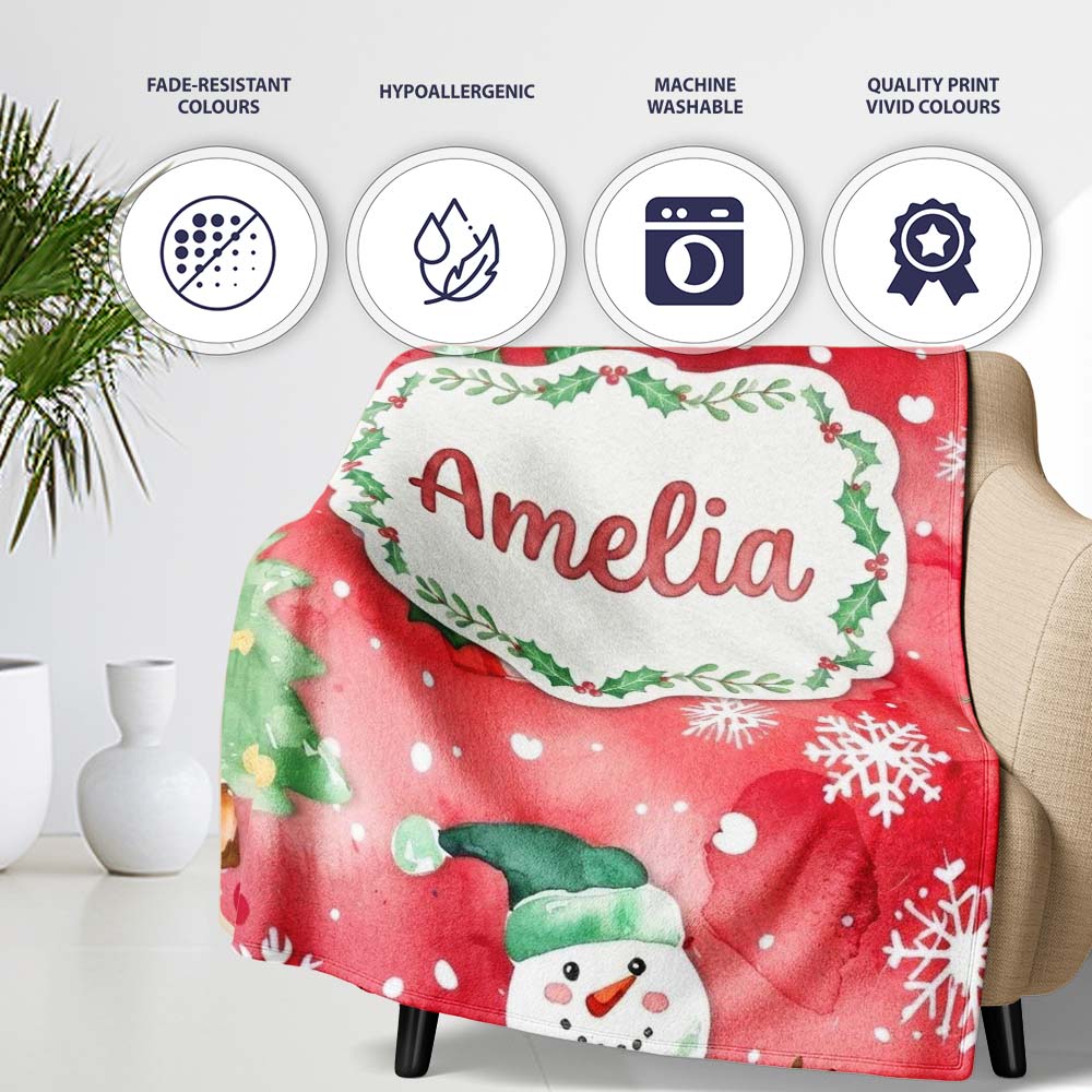 Watercolor Gingerbread Cookie Gift Holly Snowflake Christmas Lovely  Personalised Custom Name Super Soft Fleece Blanket Bed Sofa Throw