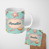 Personalized Custom Name Cute Kawaii Sea Turtle Starfish Shells Ocean Friends Mint Background 11oz Ceramic Coffee Tea Mug White Large Handle