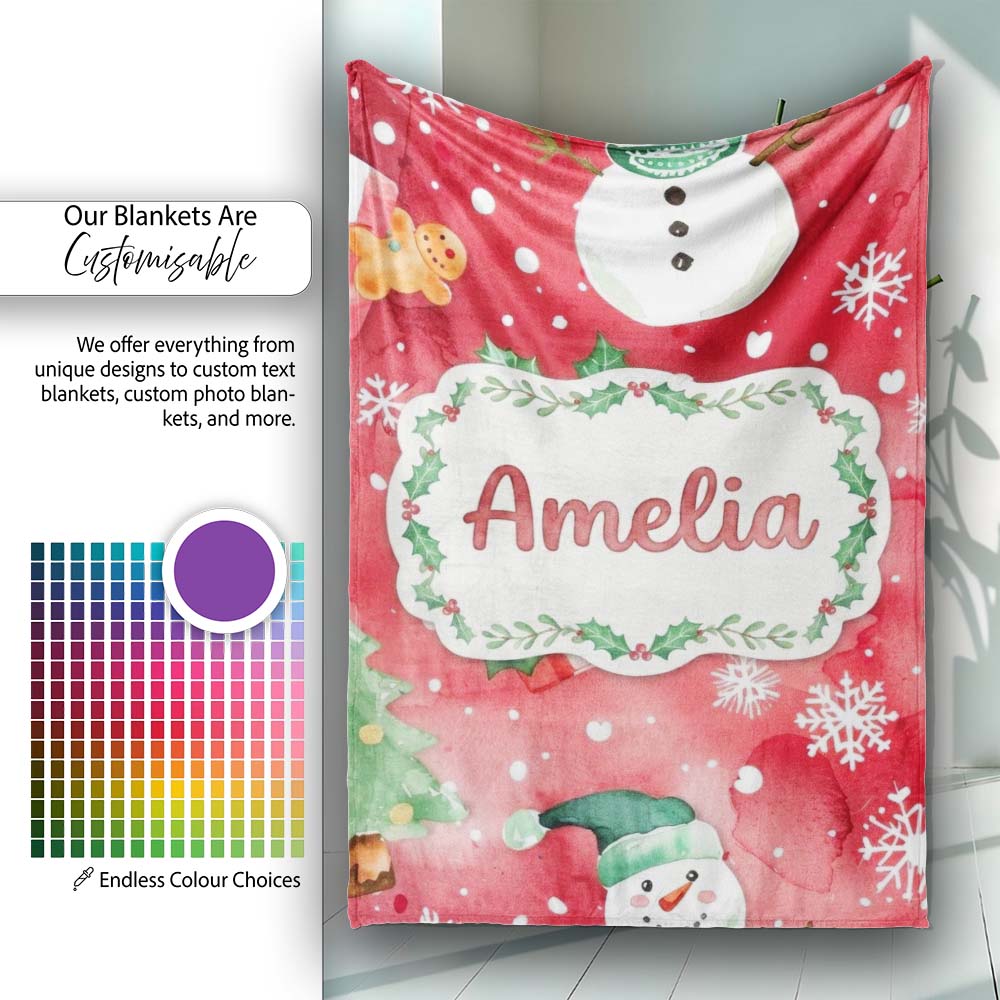 Watercolor Gingerbread Cookie Gift Holly Snowflake Christmas Lovely  Personalised Custom Name Super Soft Fleece Blanket Bed Sofa Throw