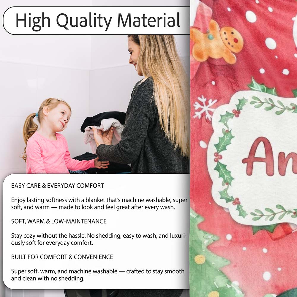 Watercolor Gingerbread Cookie Gift Holly Snowflake Christmas Lovely  Personalised Custom Name Super Soft Fleece Blanket Bed Sofa Throw