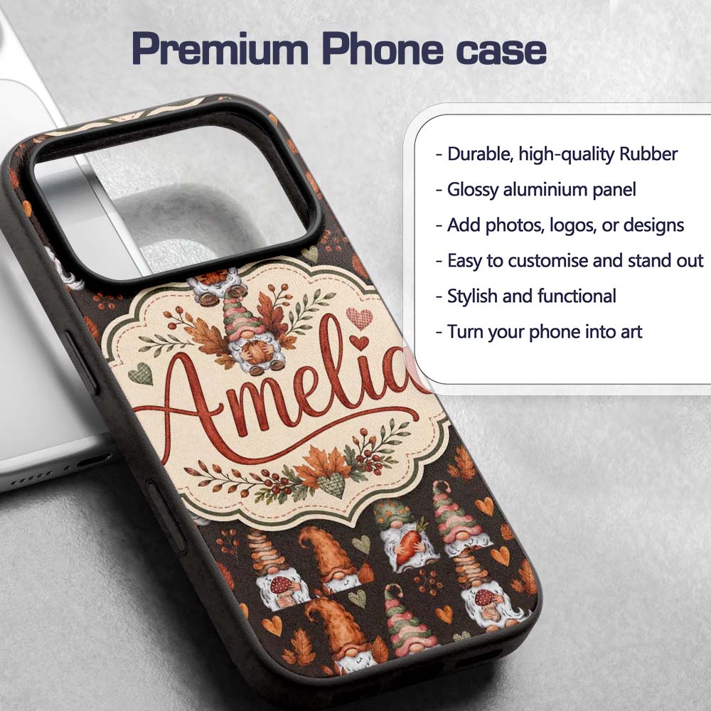 Cute Autumn Gnome Pumpkin Mushroom Leaf Heart Custom Name Protective Phone Case Mobile Cover Durable Everyday Smartphone Shock Resistant