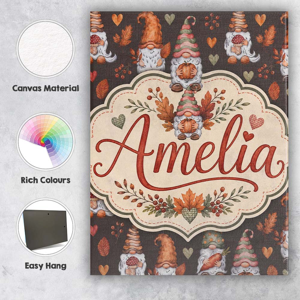 Personalised Name Cute Autumn Gnome Pumpkin Custom  Bespoke Interior Contemporary Canvas Wall Art Print Decor Picture Ready to Hang