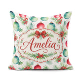 Custom Name Watercolor Christmas Baubles Berry Greenery Seamless Square Filled Cushion Throw Pillow Sofa Bed Home Decor Zip Washable UK Made