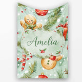 Cute Gingerbread Snowman Candy Cane Gift Holiday Seamless Pattern  Personalised Custom Name Super Soft Fleece Blanket Bed Sofa Throw