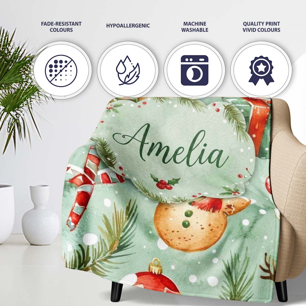 Cute Gingerbread Snowman Candy Cane Gift Holiday Seamless Pattern  Personalised Custom Name Super Soft Fleece Blanket Bed Sofa Throw