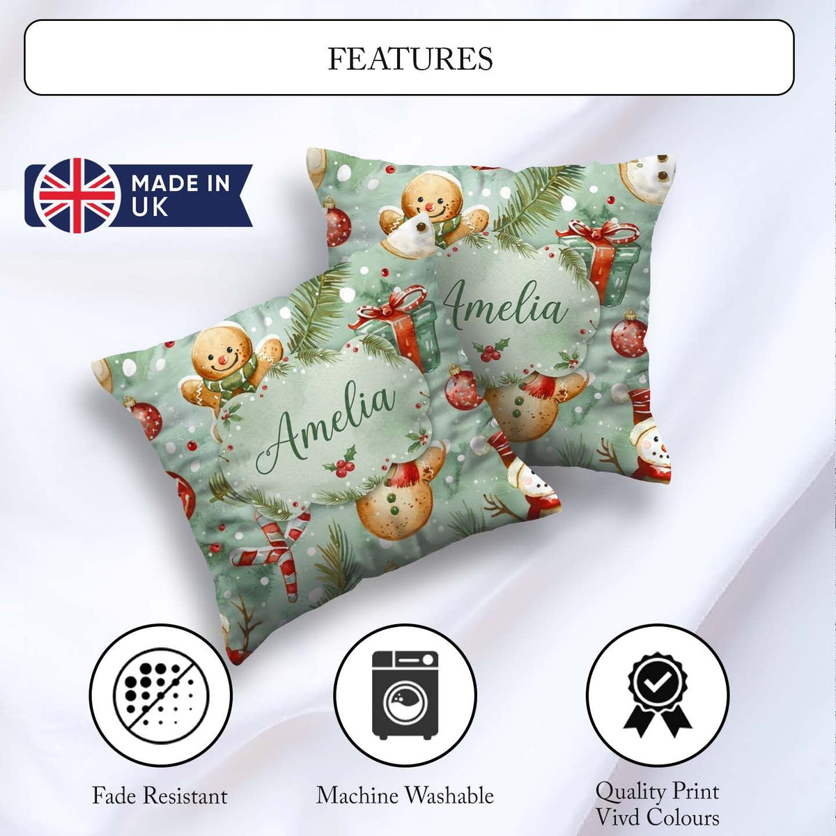 Custom Name Cute Gingerbread Snowman Candy Cane Holiday Seamless Square Filled Cushion Throw Pillow Sofa Bed Home Decor Zip Washable UK Made