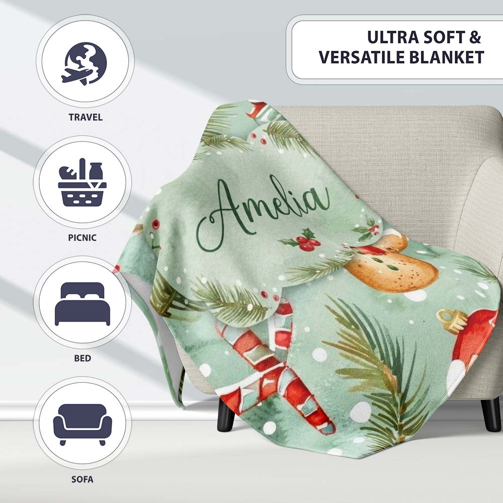 Cute Gingerbread Snowman Candy Cane Gift Holiday Seamless Pattern  Personalised Custom Name Super Soft Fleece Blanket Bed Sofa Throw
