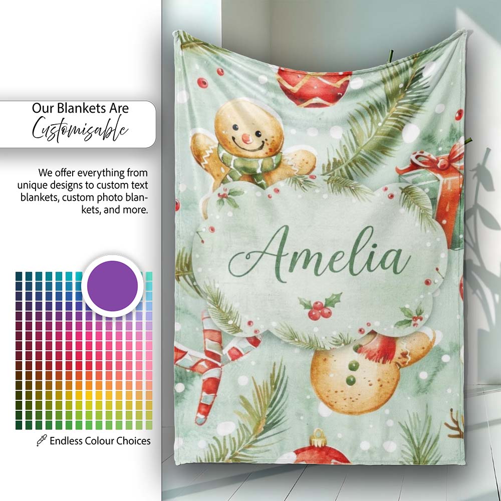 Cute Gingerbread Snowman Candy Cane Gift Holiday Seamless Pattern  Personalised Custom Name Super Soft Fleece Blanket Bed Sofa Throw