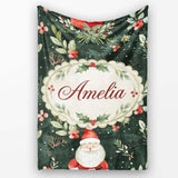 Watercolor Santa Claus Winter Foliage Dark Green Seamless Pattern  Personalised Custom Name Super Soft Fleece Blanket Bed Sofa Throw
