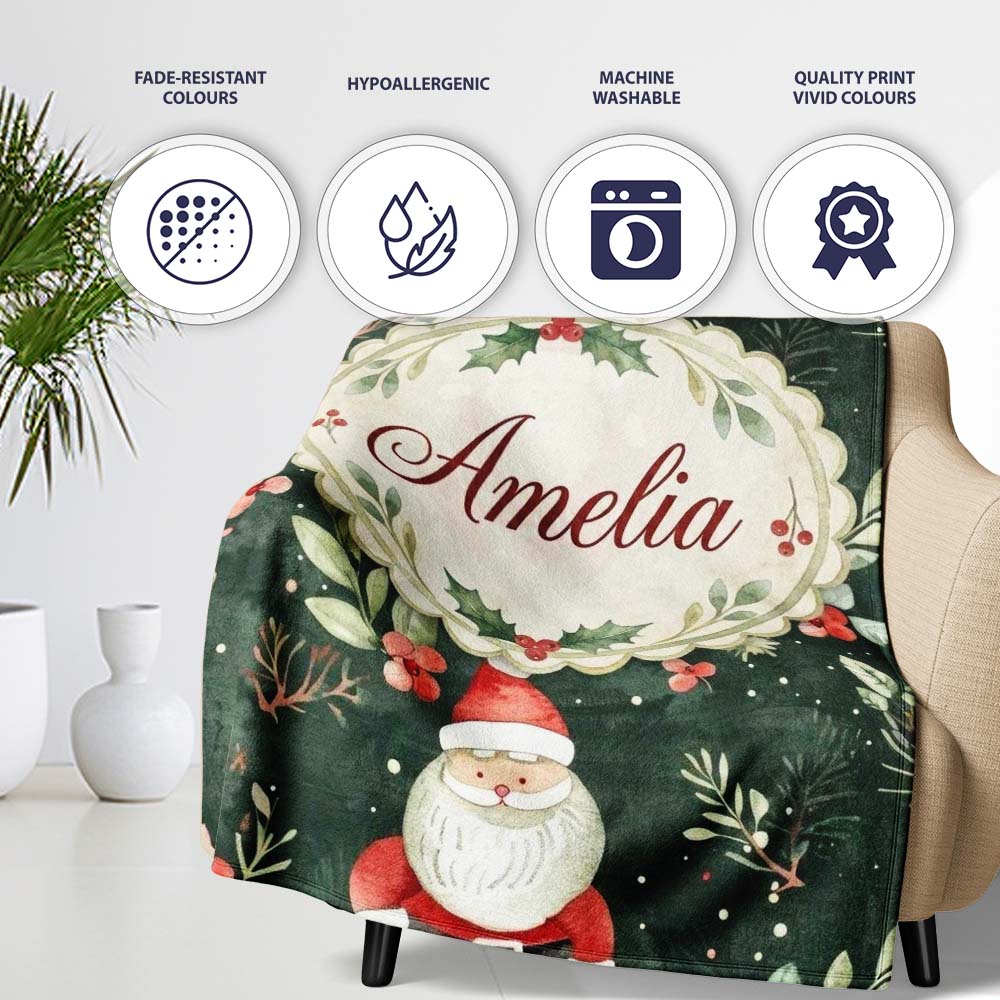 Watercolor Santa Claus Winter Foliage Dark Green Seamless Pattern  Personalised Custom Name Super Soft Fleece Blanket Bed Sofa Throw