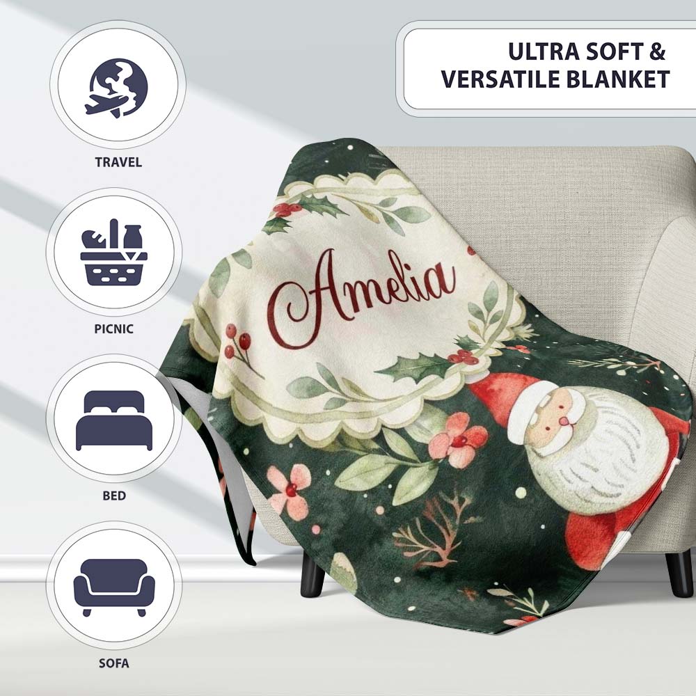 Watercolor Santa Claus Winter Foliage Dark Green Seamless Pattern  Personalised Custom Name Super Soft Fleece Blanket Bed Sofa Throw