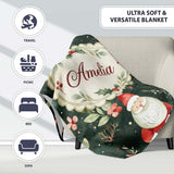 Watercolor Santa Claus Winter Foliage Dark Green Seamless Pattern  Personalised Custom Name Super Soft Fleece Blanket Bed Sofa Throw