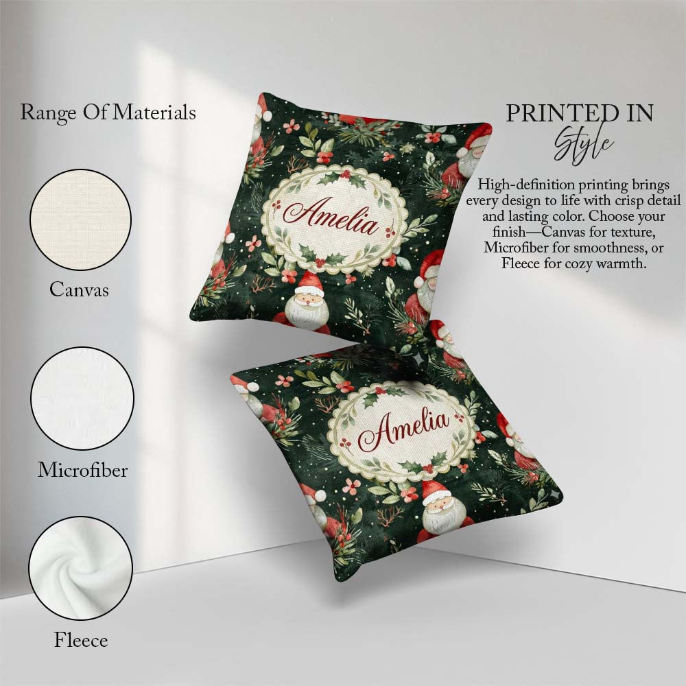 Custom Name Watercolor Santa Claus Winter Foliage Green Seamless Square Filled Cushion Throw Pillow Sofa Bed Home Decor Zip Washable UK Made