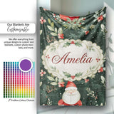 Watercolor Santa Claus Winter Foliage Dark Green Seamless Pattern  Personalised Custom Name Super Soft Fleece Blanket Bed Sofa Throw