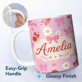 Personalized Custom Name Pink Cherry and Bow Decorative with Floral Elements Sweet Style 11oz Ceramic Coffee Tea Mug White Large Handle