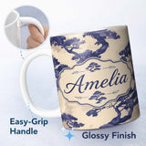 Personalized Custom Name Artistic Blue Bonsai Trees on Textured Beige Background Pattern 11oz Ceramic Coffee Tea Mug White Large Handle