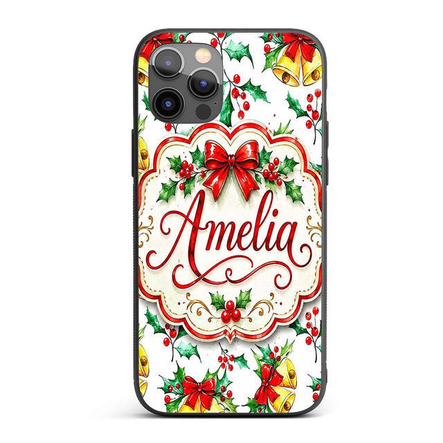 Watercolor Holly Berry Gold Bell Red Bow Festive Custom Name Protective Phone Case Mobile Cover Durable Everyday Smartphone Shock Resistant