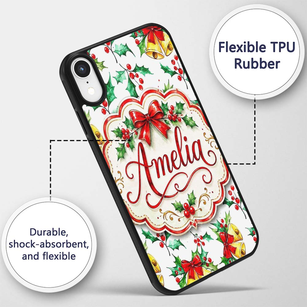 Watercolor Holly Berry Gold Bell Red Bow Festive Custom Name Protective Phone Case Mobile Cover Durable Everyday Smartphone Shock Resistant