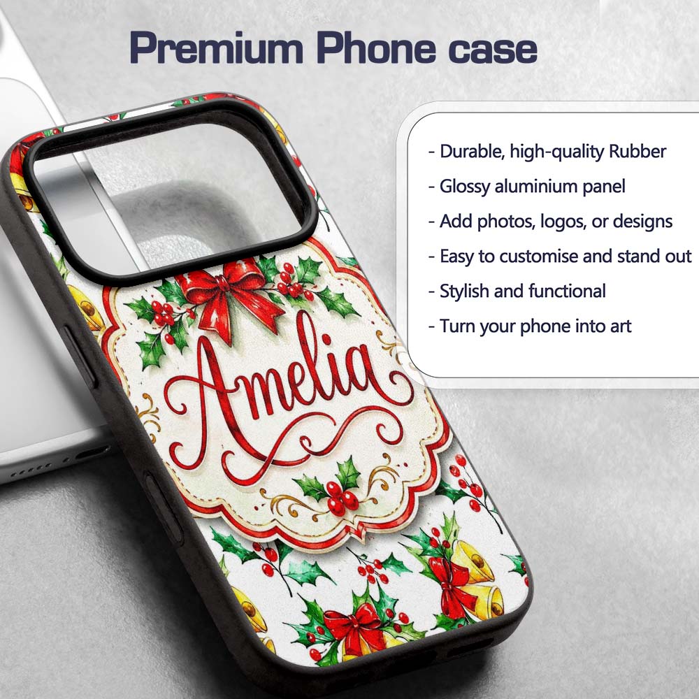 Watercolor Holly Berry Gold Bell Red Bow Festive Custom Name Protective Phone Case Mobile Cover Durable Everyday Smartphone Shock Resistant