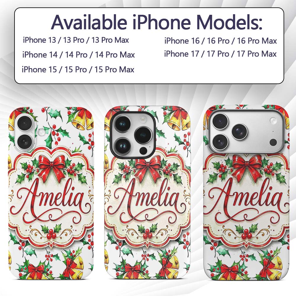 Watercolor Holly Berry Gold Bell Red Bow Festive Custom Name Protective Phone Case Mobile Cover Durable Everyday Smartphone Shock Resistant