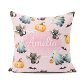 Custom Name Halloween Ghost Pumpkin Cat Pattern Pink Cute Spooky Square Filled Cushion Throw Pillow Sofa Bed Home Decor Zip Washable UK Made