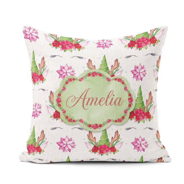 Custom Name Unicorn Christmas Poinsettia Floral Fantasy Seamless Square Filled Cushion Throw Pillow Sofa Bed Home Decor Zip Washable UK Made