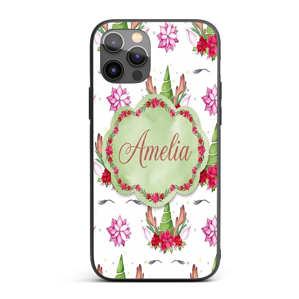 Cute Unicorn Christmas Poinsettia Floral Fantasy Custom Name Protective Phone Case Mobile Cover Durable Everyday Smartphone Shock Resistant