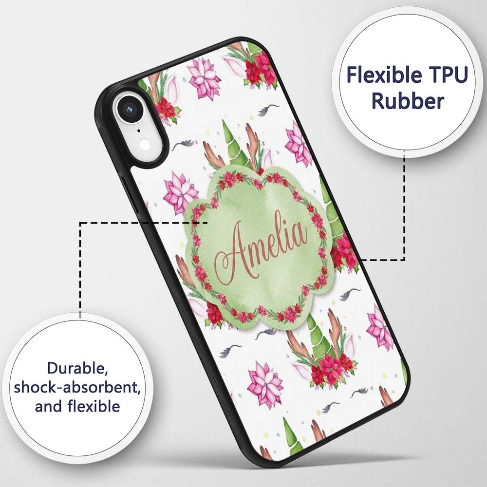 Cute Unicorn Christmas Poinsettia Floral Fantasy Custom Name Protective Phone Case Mobile Cover Durable Everyday Smartphone Shock Resistant