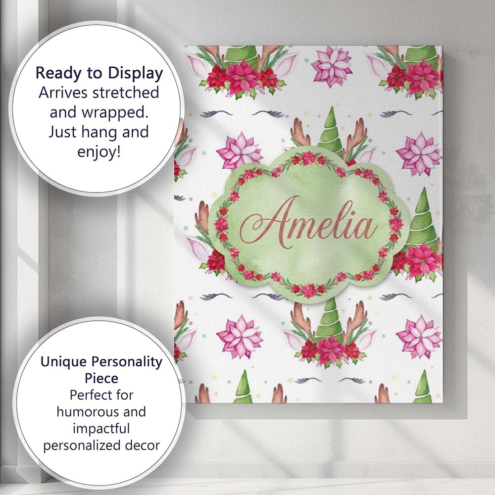 Personalised Name Cute Unicorn Christmas Custom  Unique Gift Idea Elegant Feature Canvas Wall Art Print Decor Picture Ready to Hang