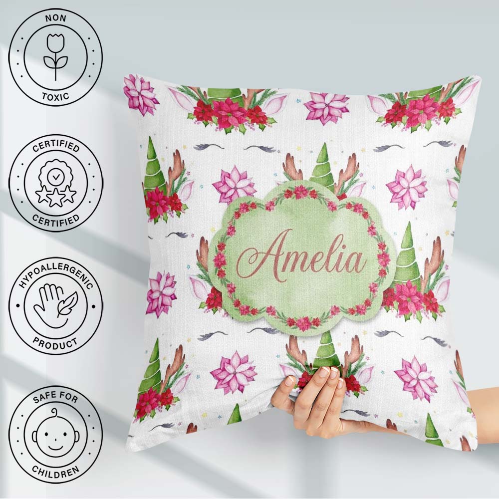 Custom Name Unicorn Christmas Poinsettia Floral Fantasy Seamless Square Filled Cushion Throw Pillow Sofa Bed Home Decor Zip Washable UK Made