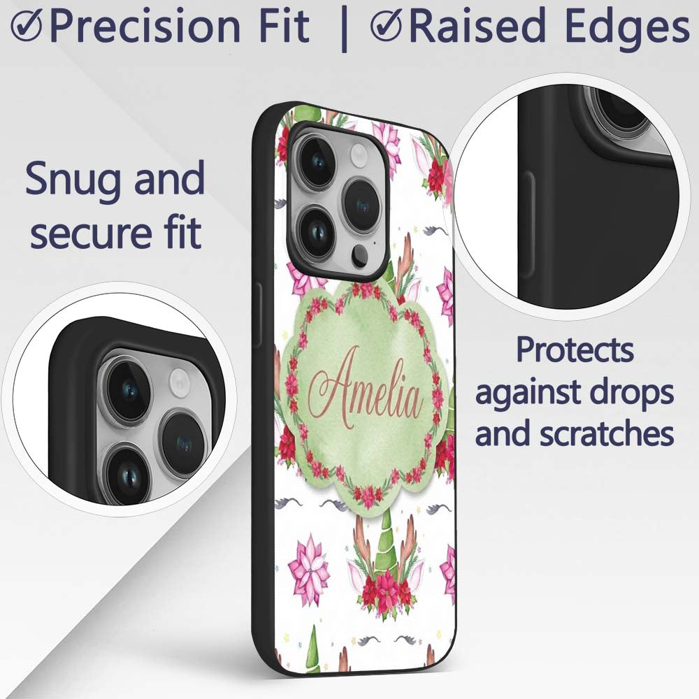 Cute Unicorn Christmas Poinsettia Floral Fantasy Custom Name Protective Phone Case Mobile Cover Durable Everyday Smartphone Shock Resistant
